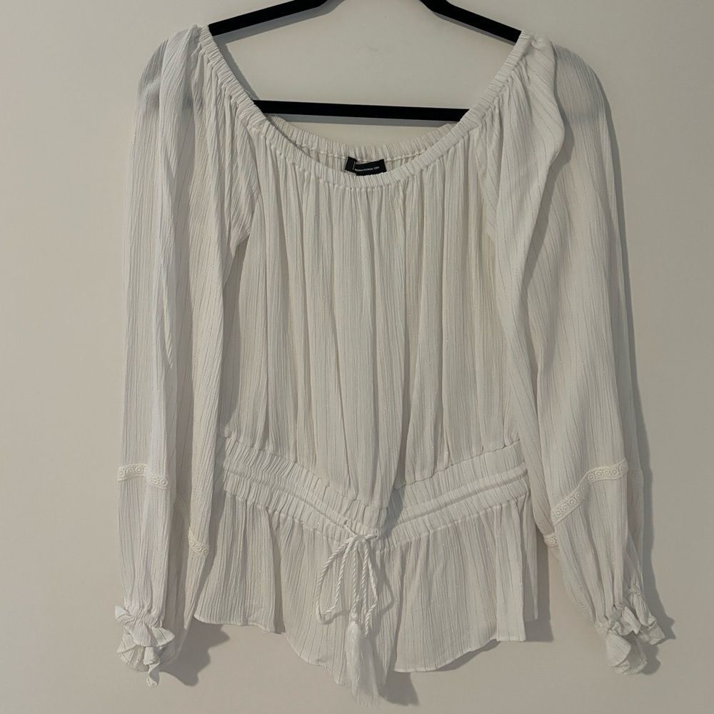 INC International Concepts Blouse White W/Gold Metallic Thread Drawstring Size M